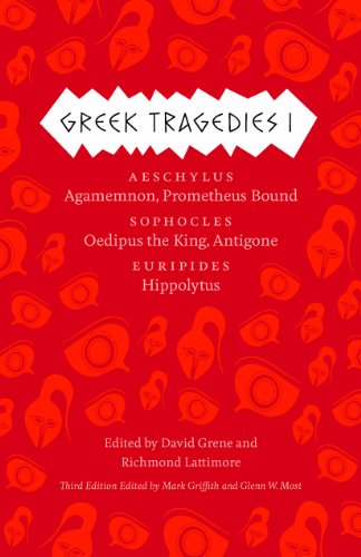 Red book cover with white text listing Greek tragedies by Aeschylus, Sophocles, and Euripides.