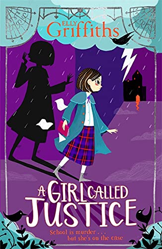 Book cover: girl detective with shadow, school, and stormy castle backdrop.