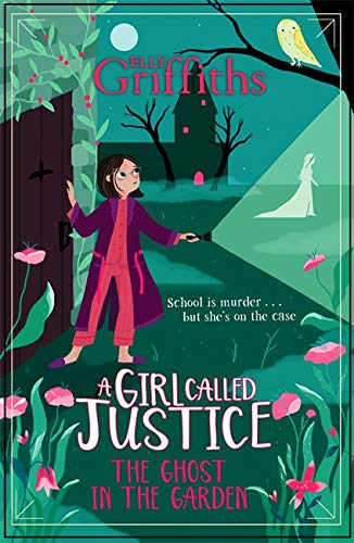 A girl in a robe shines a flashlight on a ghostly figure in a garden.