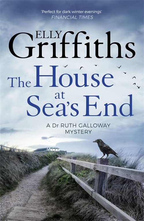 Book cover: “The House at Sea’s End” with a crow on a fence.