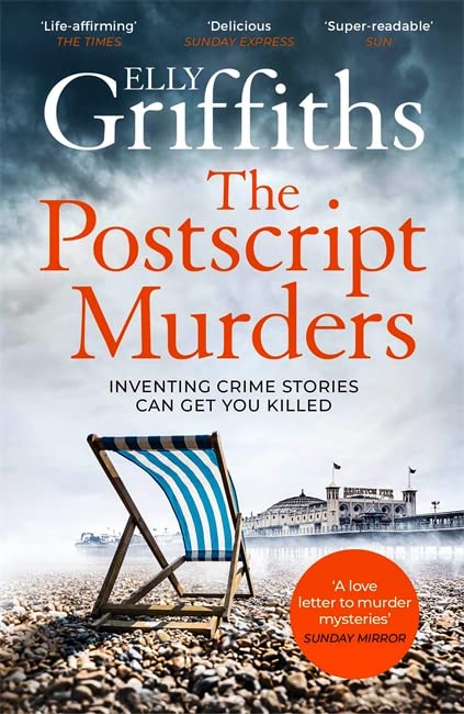 Book cover for The Postscript Murders featuring a blue striped deckchair on a beach.