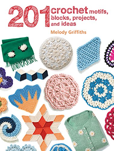 Crochet book cover with colorful motifs, blocks, and finished projects displayed.