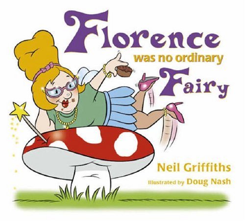 Cartoon fairy with red hair, glasses, and a mushroom seat.