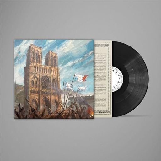 Vinyl record with album cover depicting a cathedral and crowd scene.