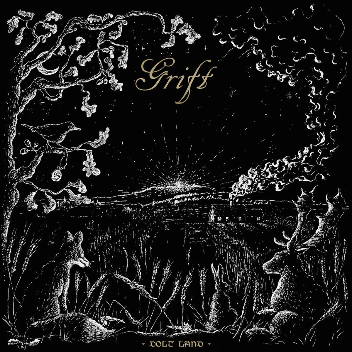 Black and white illustration of a landscape with animals and foliage.
