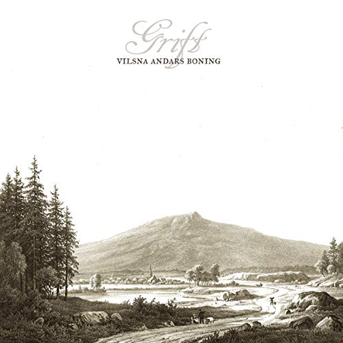 Etched illustration of a mountain landscape with a village, forest, and text above.