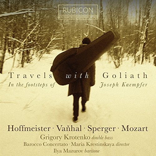 CD cover: man with double bass case walking in snowy woods.
