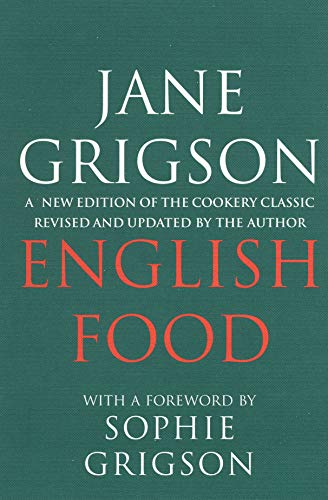 Book cover for English Food by Jane Grigson with a dark green background.