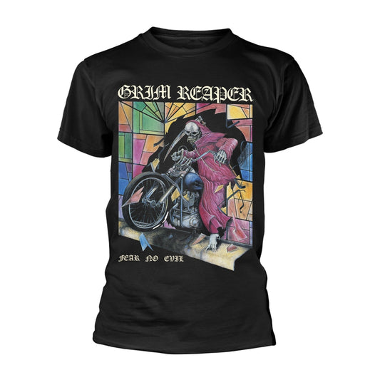 Black t-shirt with a Grim Reaper and motorcycle stained-glass design.