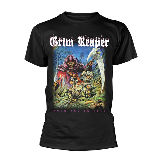 Black t-shirt with a Grim Reaper illustration and band logo.