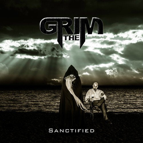 Album cover for "Grim - Sanctified" featuring a hooded figure and stormy sky.