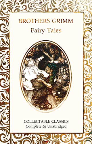Book cover for Brothers Grimm Fairy Tales with gold ornate border and central illustration.