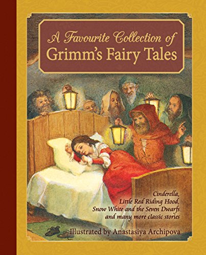 Book cover illustration showing seven dwarves with lanterns looking at a sleeping girl.