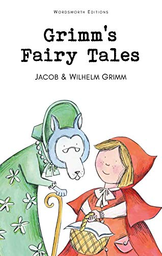 Book cover for Grimm's Fairy Tales featuring a wolf in a dress and Little Red.