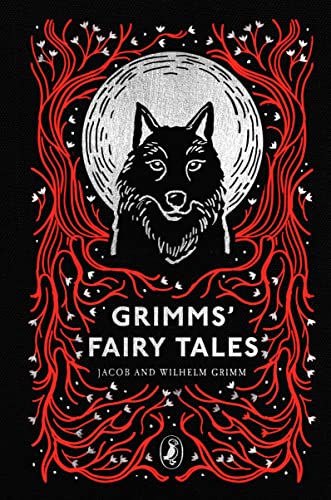 Black cover with red floral design and a wolf against a moon.