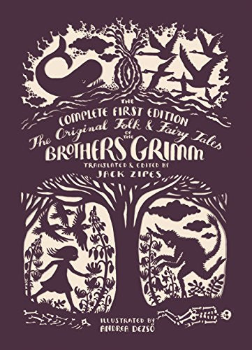 Book cover with dark purple background and white paper-cut style illustrations of fairy tales.