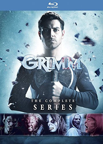 Grimm The Complete Series Blu-ray cover featuring a man holding an axe with monsters.