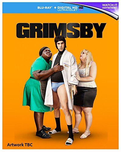 "Blu-ray cover for 'Grimsby' featuring three comedic characters against an orange background."