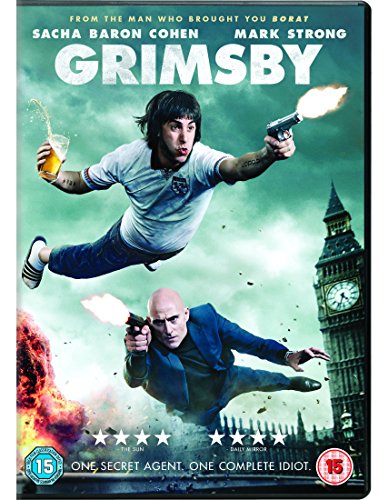 "DVD cover for 'Grimsby' showing two men jumping with guns, against a London skyline."