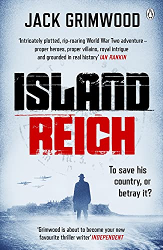 Book cover: "Island Reich" with a silhouetted figure and stormy seascape.