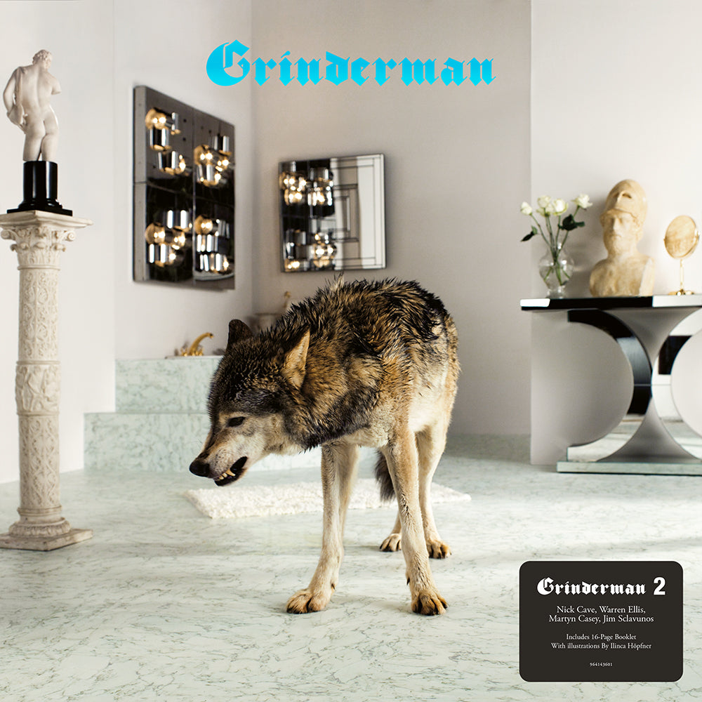 A wolf stands in a room with marble floors, statues, and modern furniture.