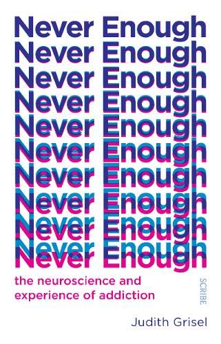 Book cover titled Never Enough with repeating text in blue and pink on white.