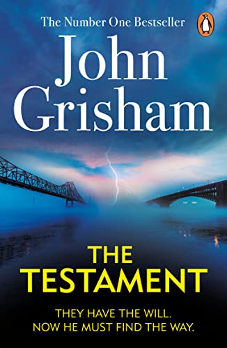 Book cover for "The Testament" by John Grisham with stormy bridge imagery.