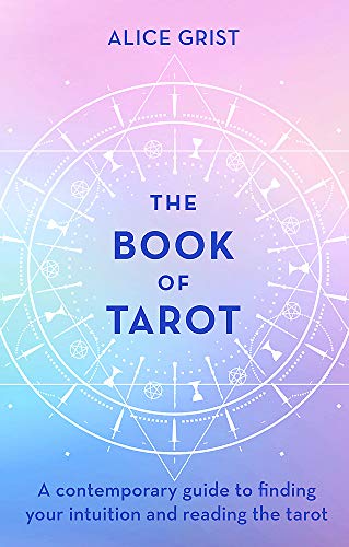 Book cover with white geometric design and blue title: "The Book of Tarot".