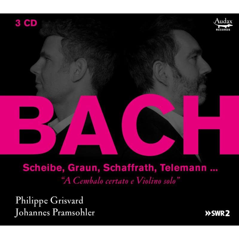 CD cover featuring portraits and bold pink text reading “BACH”.
