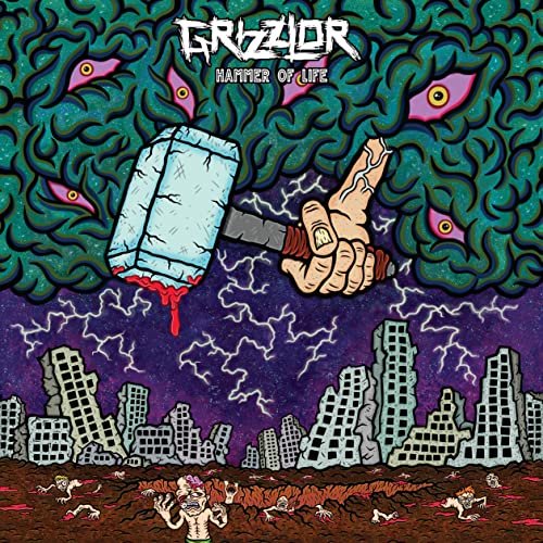 Album cover: hand holding hammer over city, with floating eyes.