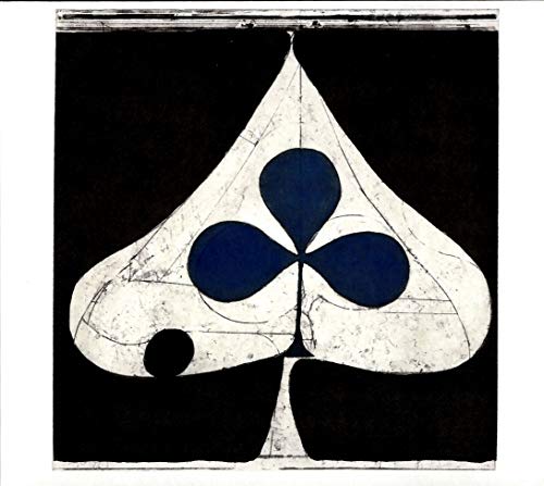 Black and white image of a blue and white spade playing card.