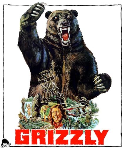 Movie poster for "Grizzly" featuring a large, roaring bear and frightened people.