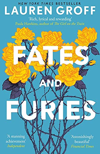 Book cover of Fates and Furies featuring yellow roses on a blue background.