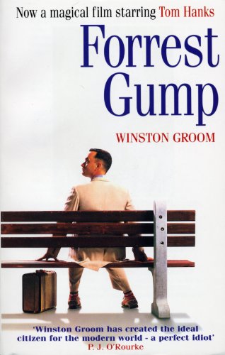 "Book cover of 'Forrest Gump' showing a man sitting on a bench with a suitcase."
