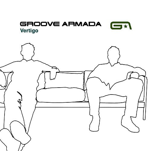 Line art of two men sitting on a couch, with Groove Armada Vertigo text.
