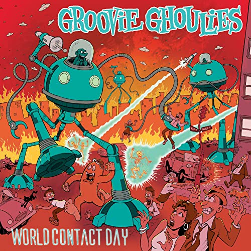 Album cover: cartoon robots invading a city, people fleeing in panic.