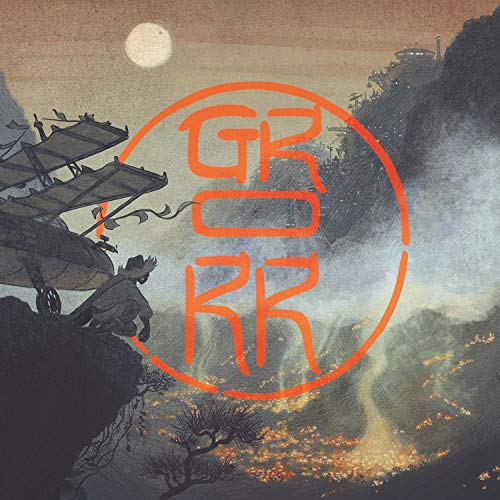 Fantasy illustration of a creature with a flying machine, orange circular text.