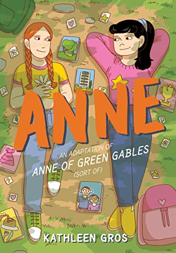 Two girls lie on the grass surrounded by small drawings and a backpack.