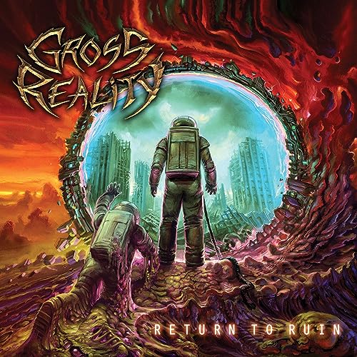 CD cover: astronaut in a ruined, fiery, dystopian landscape.