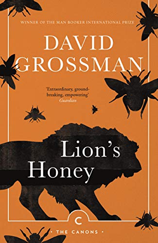 Orange book cover with a lion silhouette and surrounding bees.