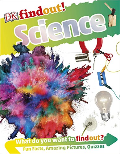 "Book cover with 'DK findout! Science' title, colorful explosion, and science experiment elements."