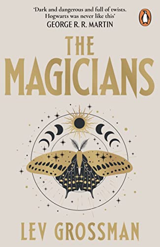 Book cover: "The Magicians" by Lev Grossman, featuring a moth and sun.