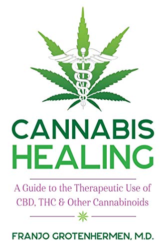 Book cover: cannabis leaf with medical symbol and title "Cannabis Healing".
