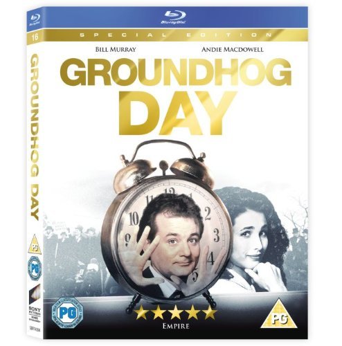 "Blu-ray case for 'Groundhog Day' with Bill Murray's face on an alarm clock."