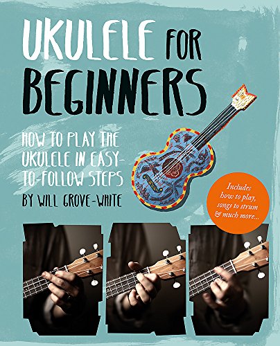 Book cover titled Ukulele for Beginners featuring an illustrated ukulele and hand positioning photos.