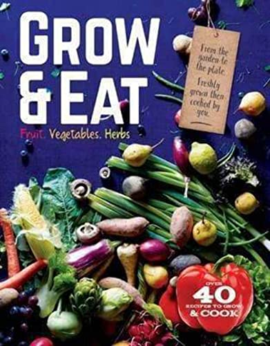 Book cover with title "GROW & EAT" surrounded by fresh produce.