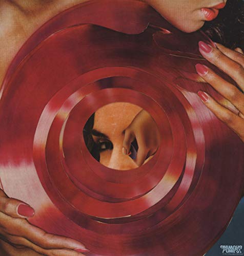 Red vinyl record cover with a woman’s face peering through the center.
