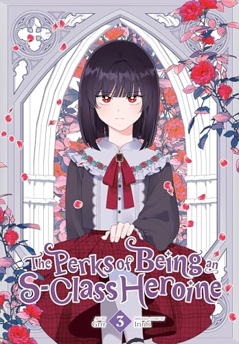 A young girl with dark hair and red eyes stands before a rose-covered archway.
