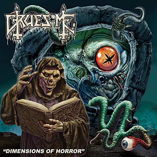 Album cover: hooded figure reading a book, monstrous eye and tentacles.