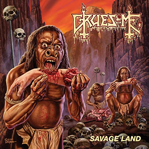 Gruesome album cover: a distressed figure amidst skulls and gore.
